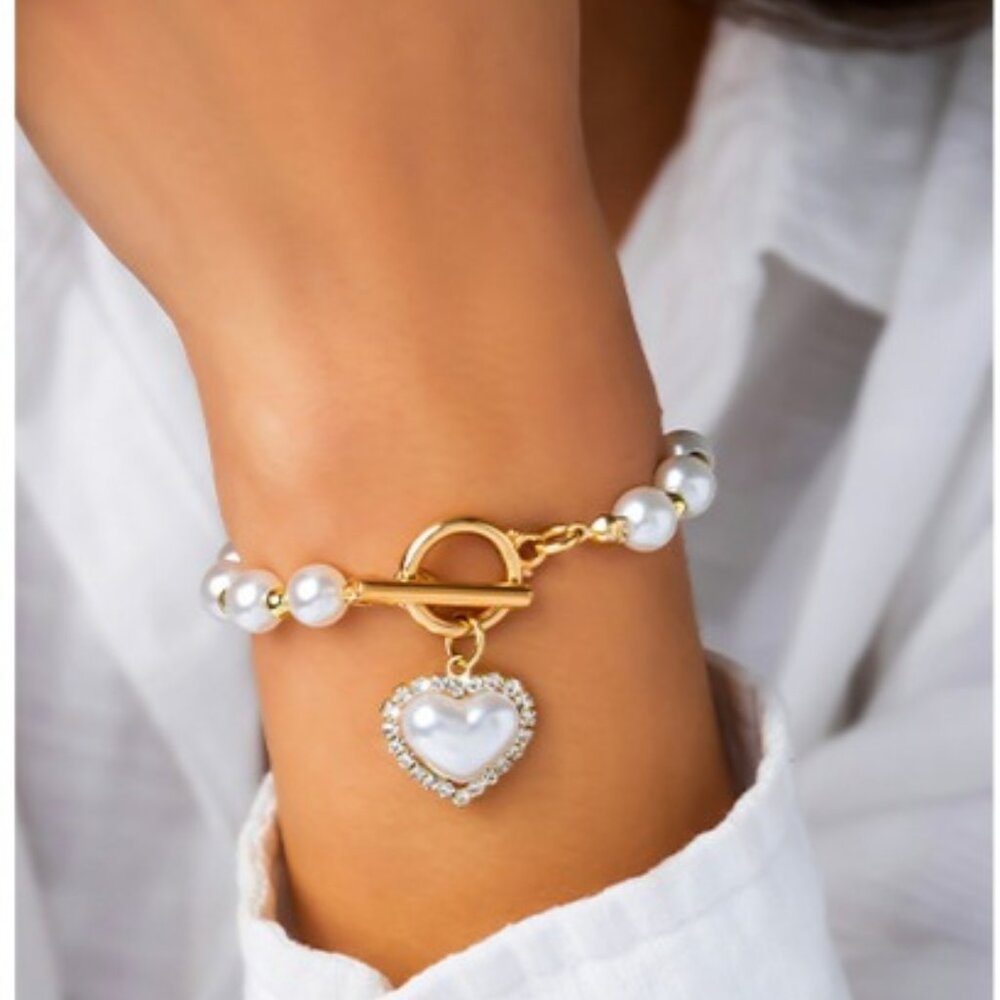 Heart Jewelry. Retro Imitation Pearl Beaded Bracelet Heart Shaped